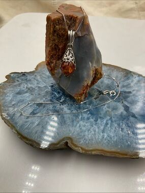 18” Italian Sterling Silver Necklace With Amber Teardrop Pendant